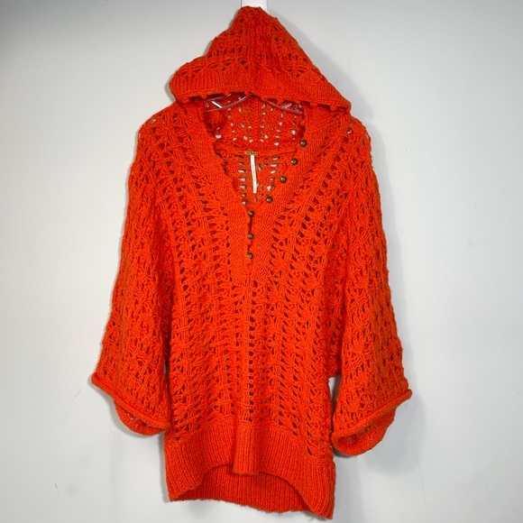 Free People Hooded Open Knit Dolman Sweater Orange Wool Blend Crochet Pullover M - Picture 9 of 16